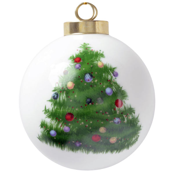 Holiday ball photo ornament with hand painted Christmas tree artwork